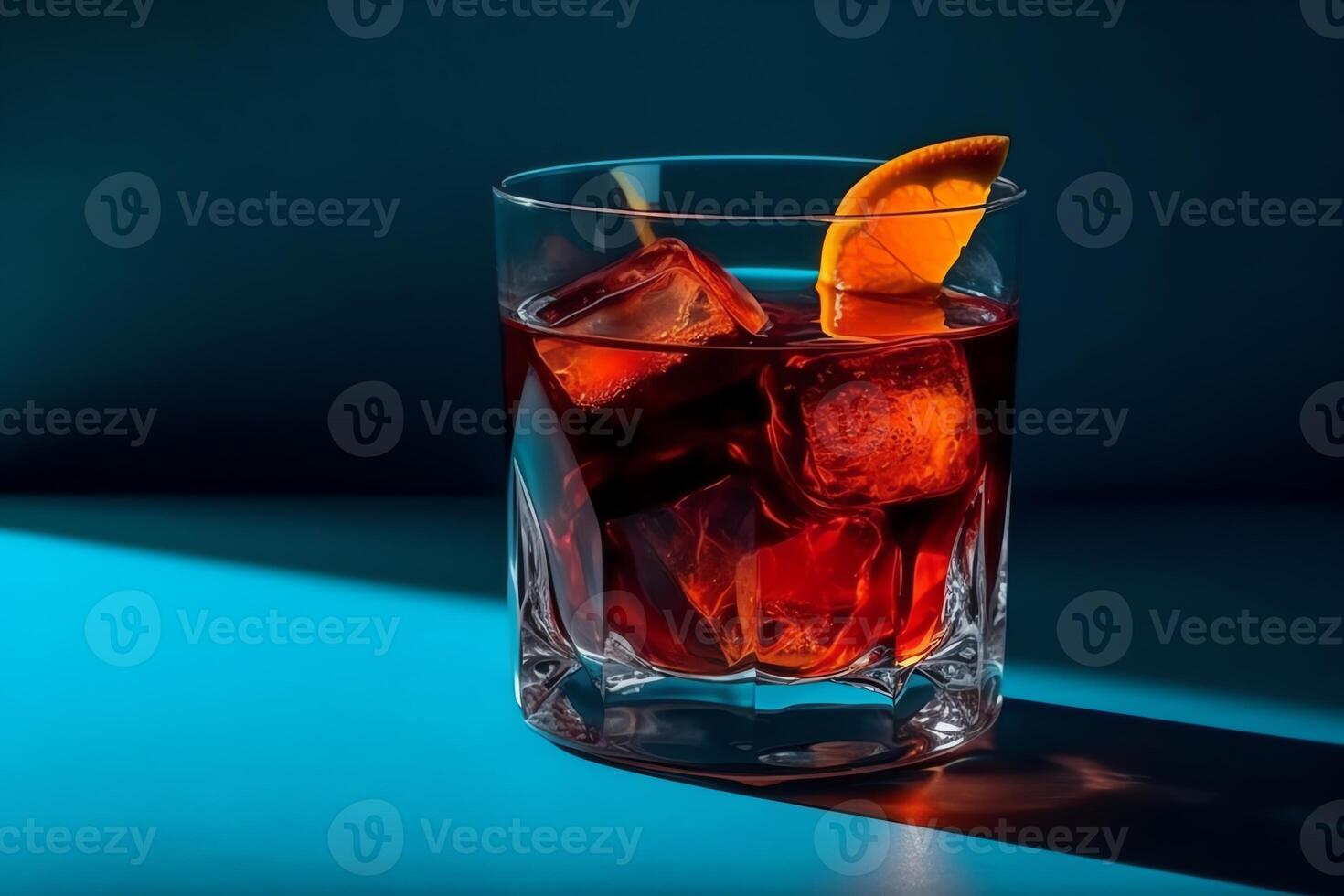 populaire cocktail negroni avec Gin et Vermouth sur bleu Contexte avec ombre negroni cocktail. ai généré photo