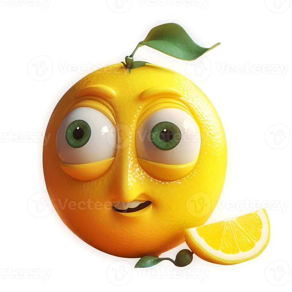 génératif ai contenu, dessin animé fruit personnage, méfiant citron, avec visage et yeux isolé sur blanc Contexte. fruit série. photo