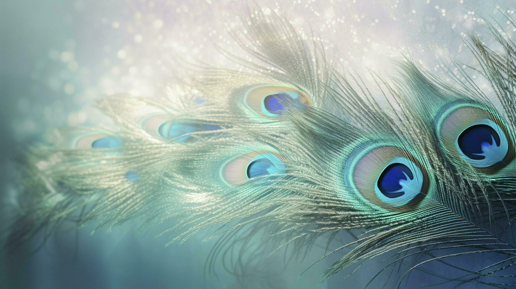 une brillant bleu Contexte avec un paon plume, dans le style de doux et rêveur pastels, scintillant lumière effets, inspiré de la nature imagerie, générer ai photo