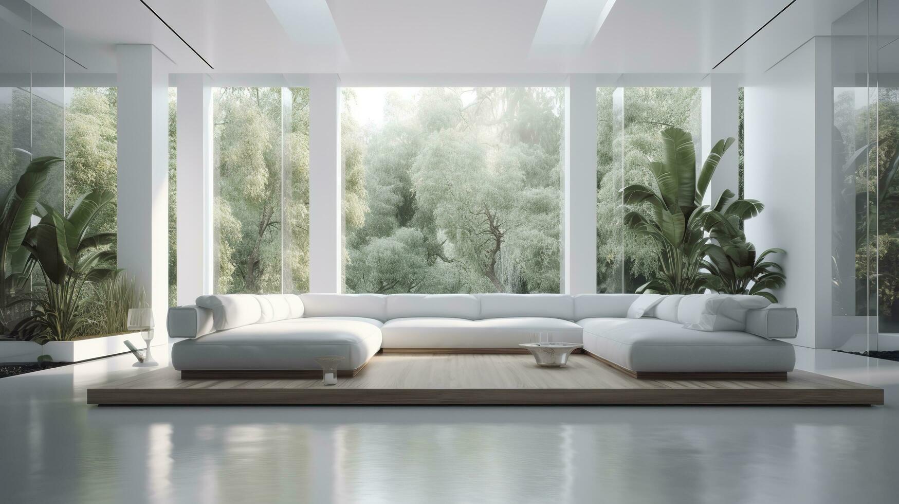 une futuriste blanc minimal intérieur de une vivant chambre, luxueux intérieur, supplémentaire grand canapé conception, tropical végétaux, vue surplombant le Naturel paysage, et moderne nager piscine, produire ai photo