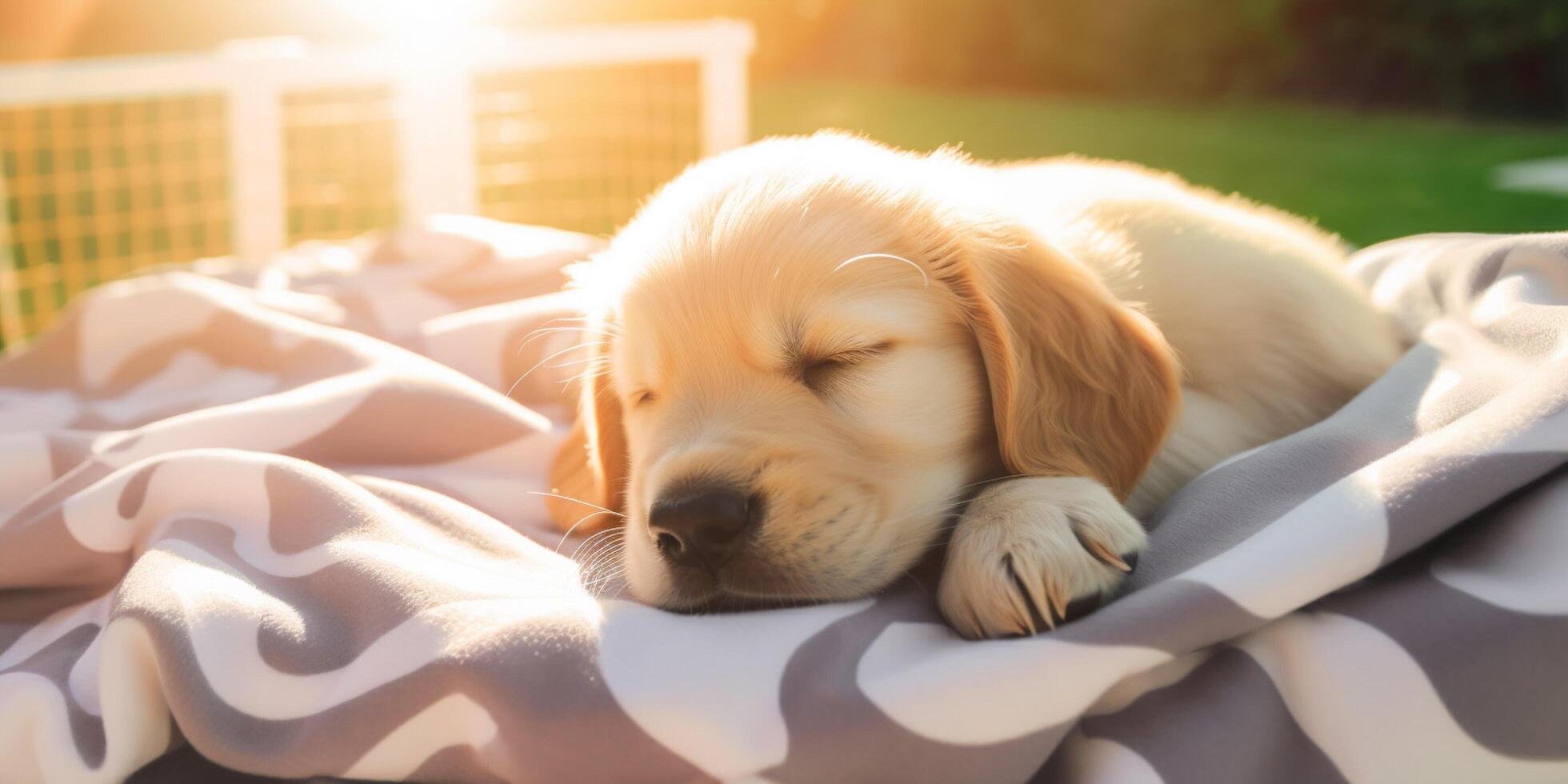 une d'or retriever chiot en train de dormir sur le couverture ai généré photo