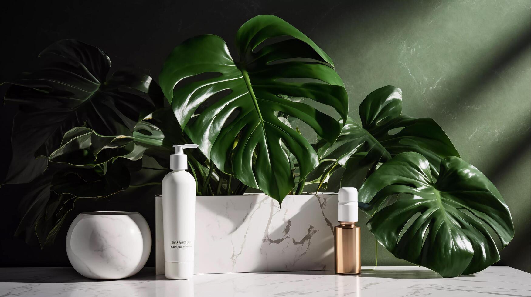 luxueux la nature toucher une contemporain blanc marbre pierre compteur tableau, biologique cosmétique, soins de la peau, et beauté traitements ai généré photo