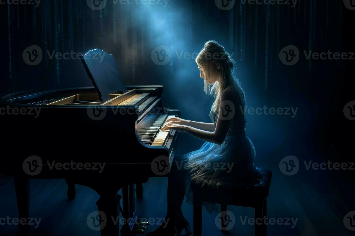 fille pièces piano dans lumière. produire ai photo