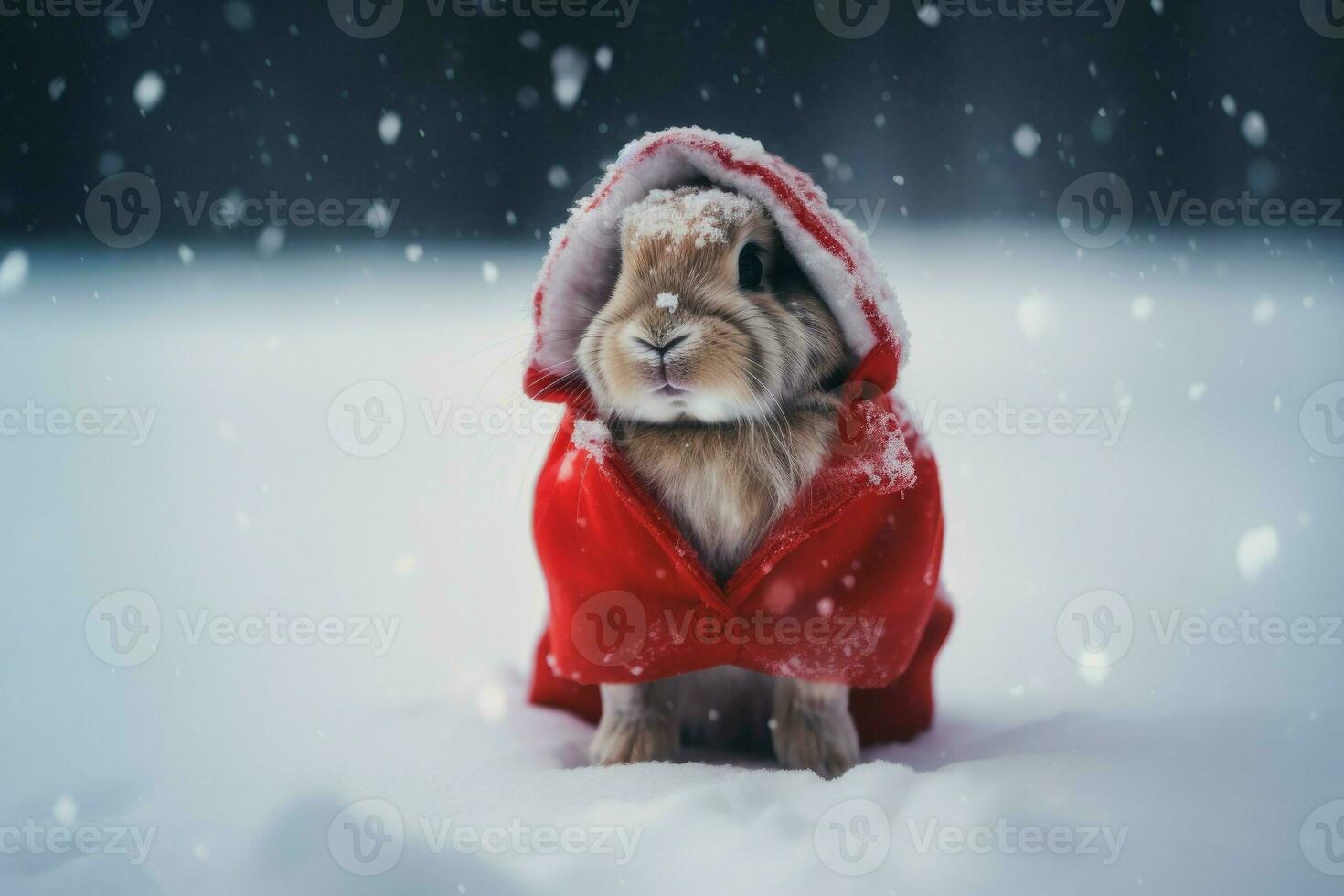 mignonne lapin habillé Père Noël claus dans neige. produire ai photo