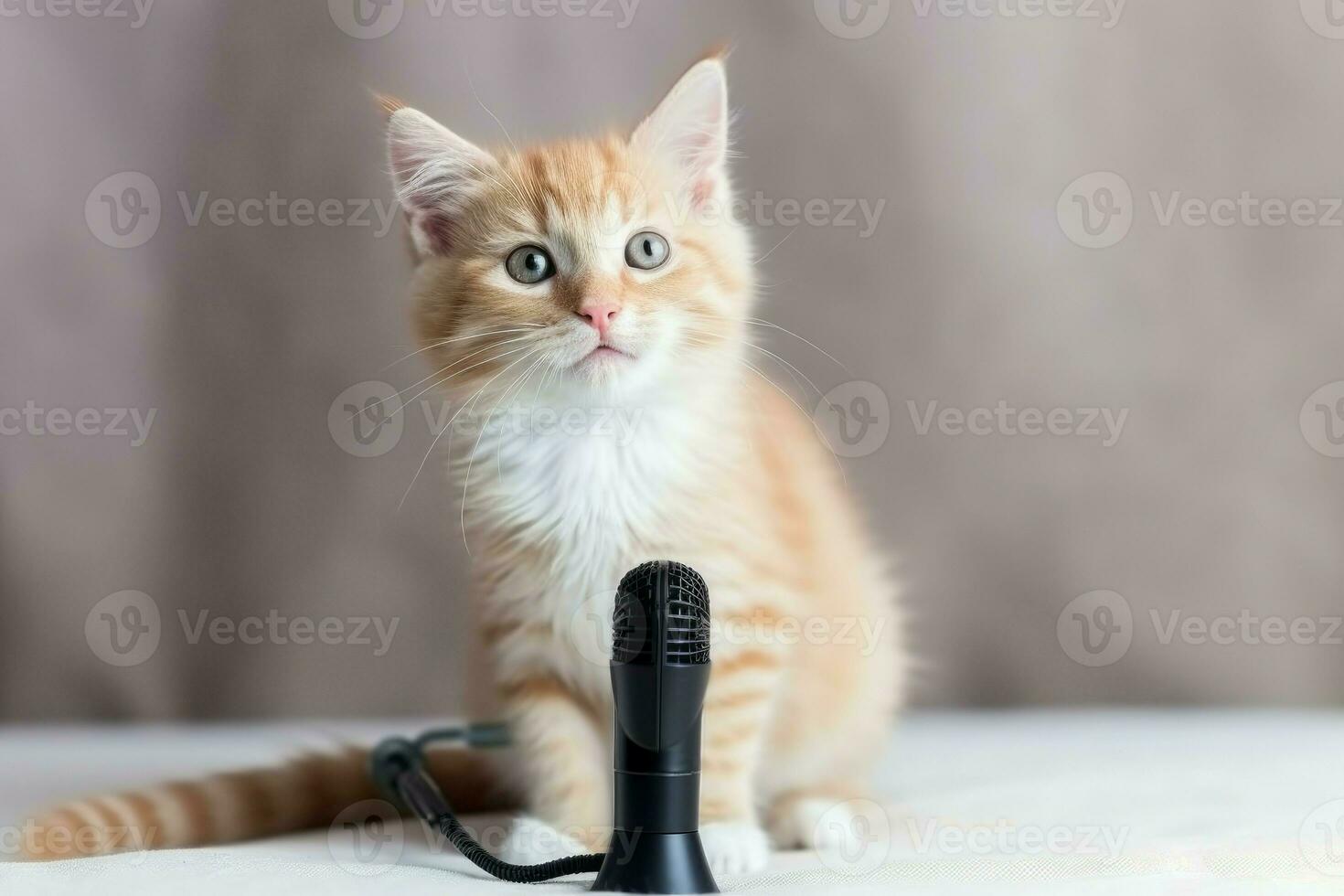 mignonne intelligent chat près microphone. produire ai photo