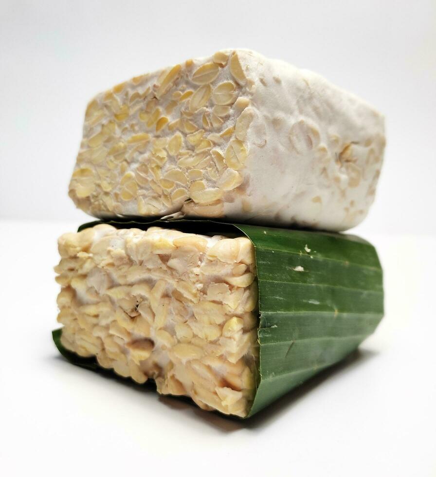 brut tempeh ou tempérament, indonésien traditionnel nourriture, fabriqué de fermenté soja, sur blanc Contexte. photo