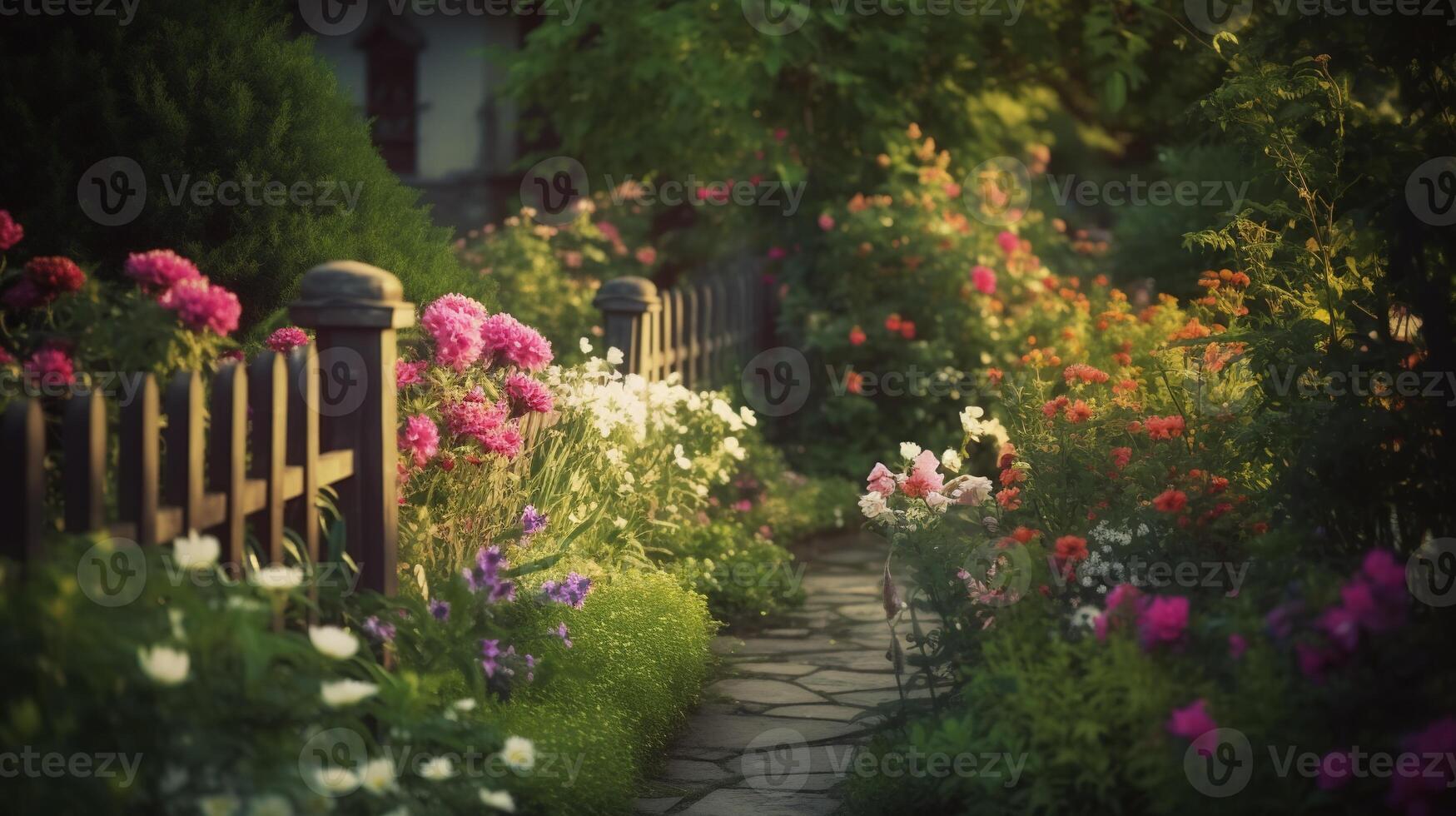 génératif ai, magnifique été privé jardin avec beaucoup fleurs et végétaux, la nature paysage, Anglais campagne chalet style photo