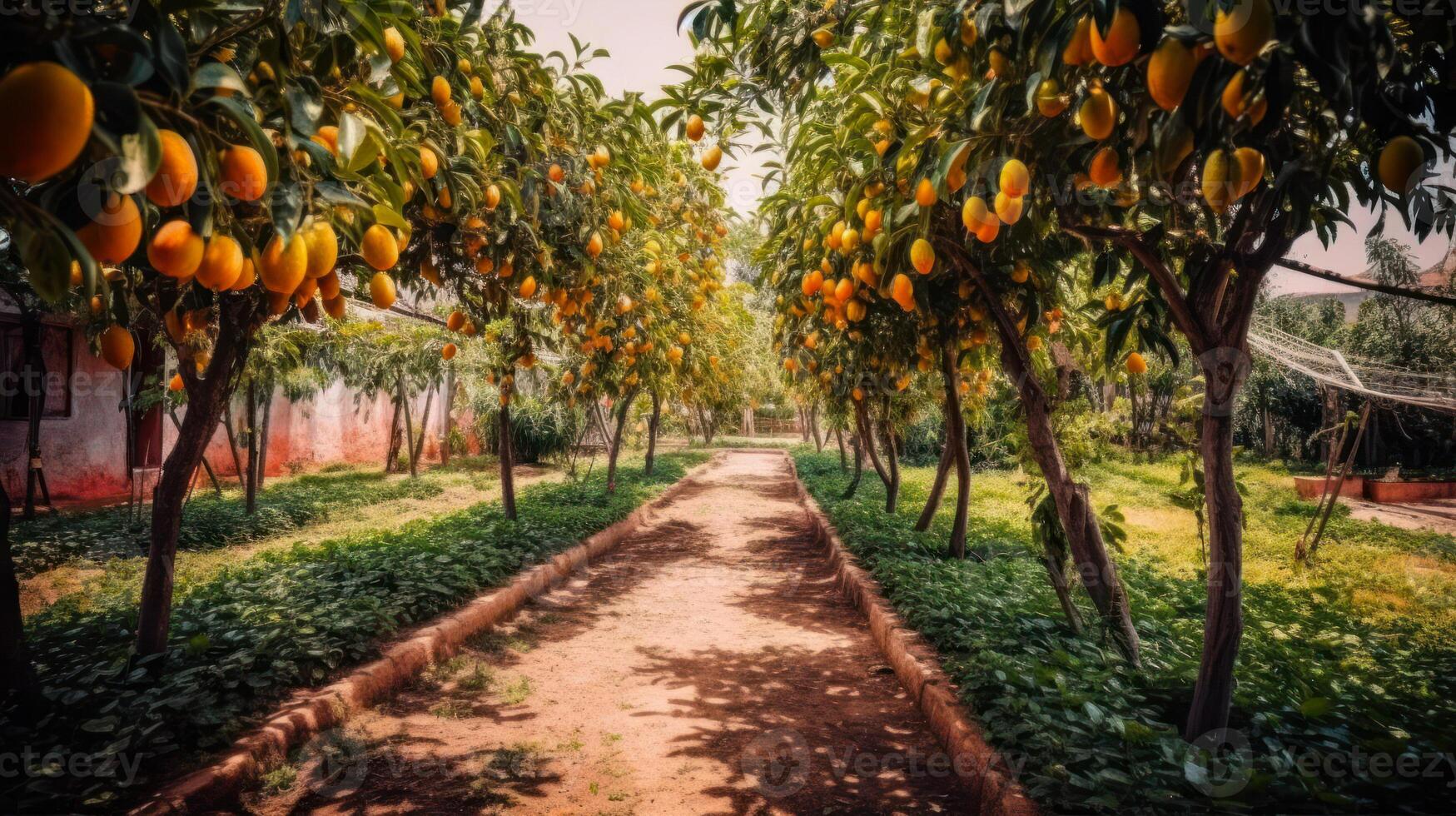 mangue jardin, fruit arbre cultivation avec tropical des fruits génératif ai photo