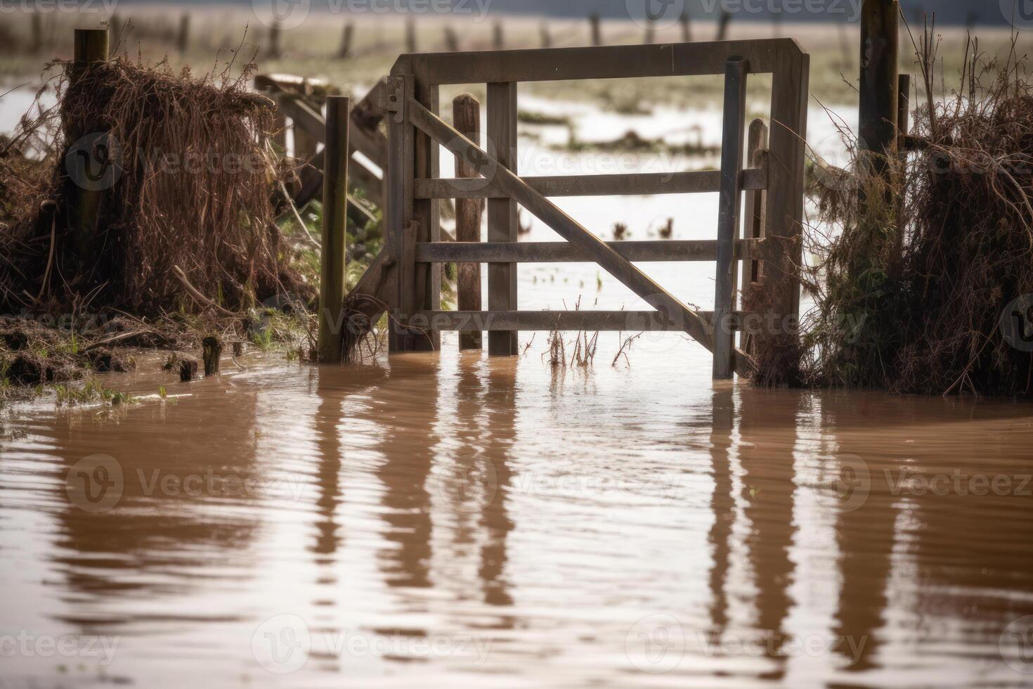 inondé ferme champ, en hausse rivière l'eau niveau génératif ai photo