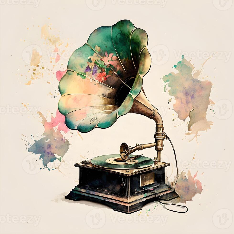 génératif ai contenu, ancien gramophone dans aquarelle technique, sur une lumière Contexte photo