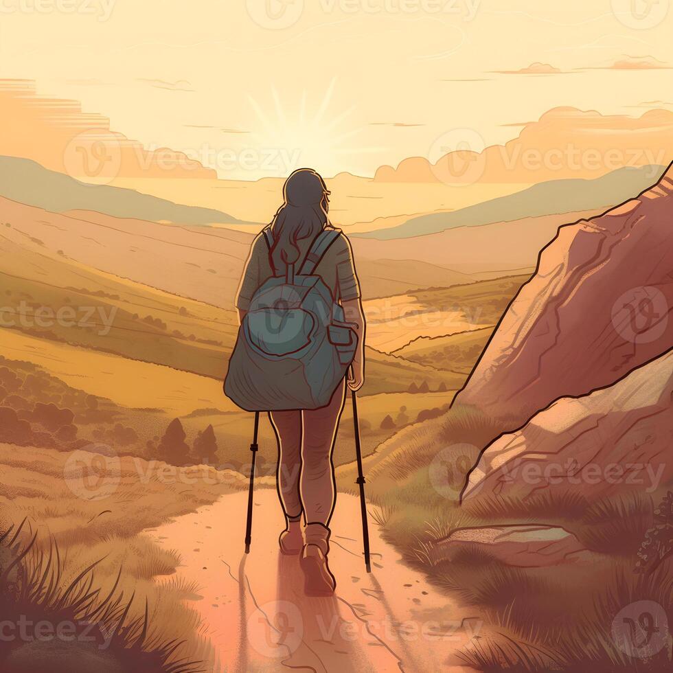 génératif ai contenu, une femme sur une Montagne Haut est randonnée à aube. randonnée. aventure. paysage illustration. photo