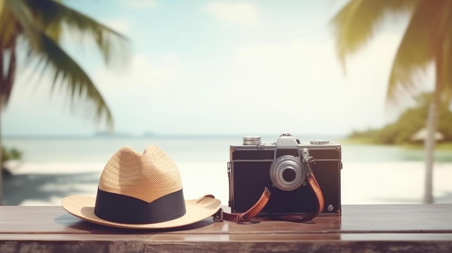 ancien caméra et chapeau sur été Contexte. illustration ai génératif photo