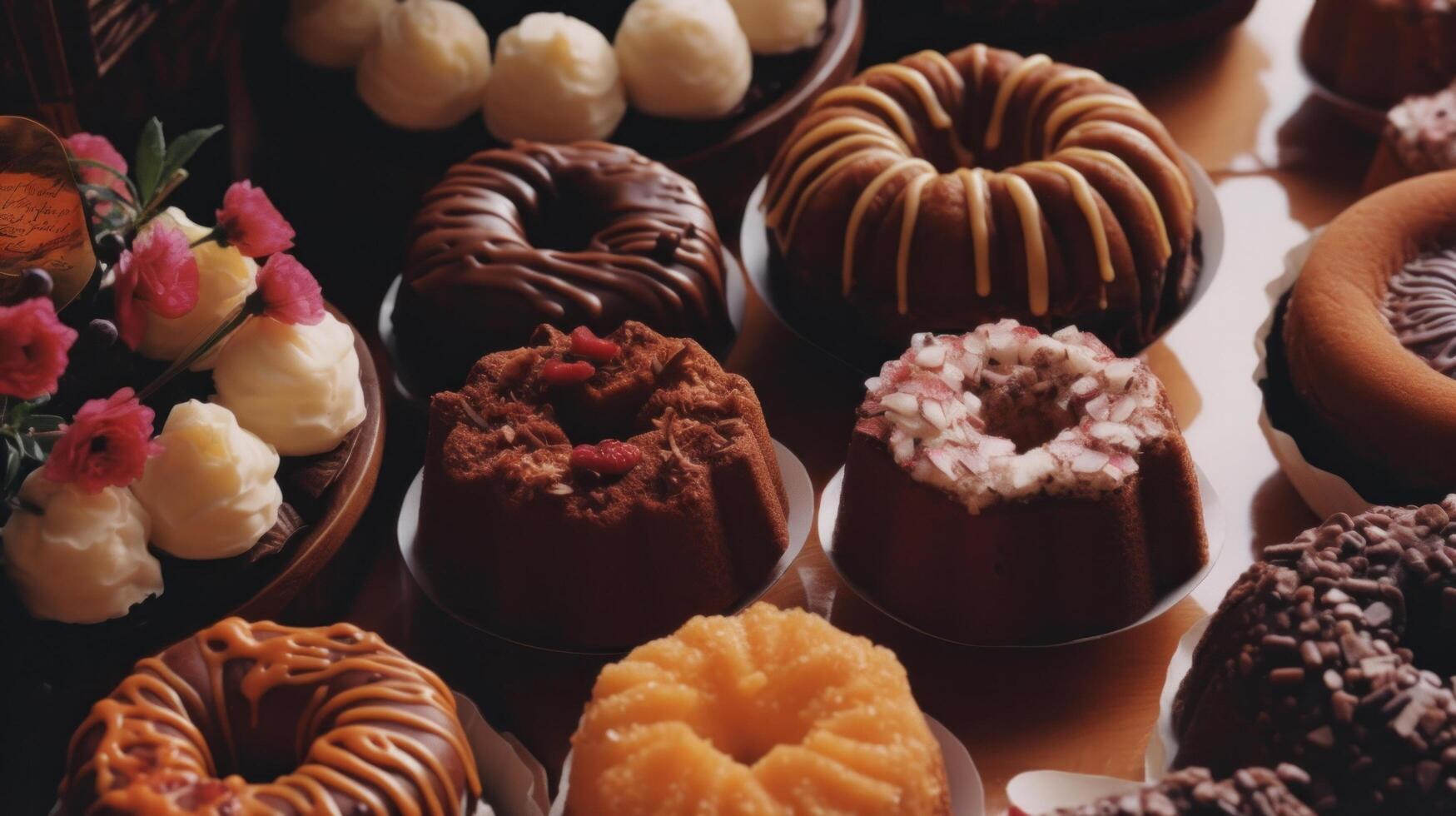 variété de bundt Gâteaux et bonbons. illustration ai génératif photo