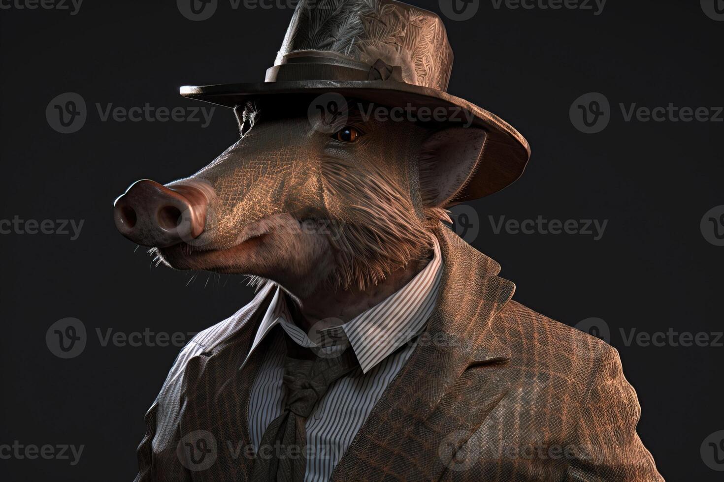 gentleman, patron sauvage sanglier, porc dans chapeau, costume et cravate. bannière entête. ai généré. photo