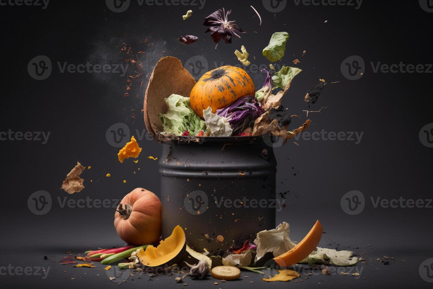 pourri des légumes sont jeté dans le poubelle. nourriture déchets et nourriture perte avoir débarrasser de nourriture déchets à Accueil sur une foncé Contexte. ai génératif photo