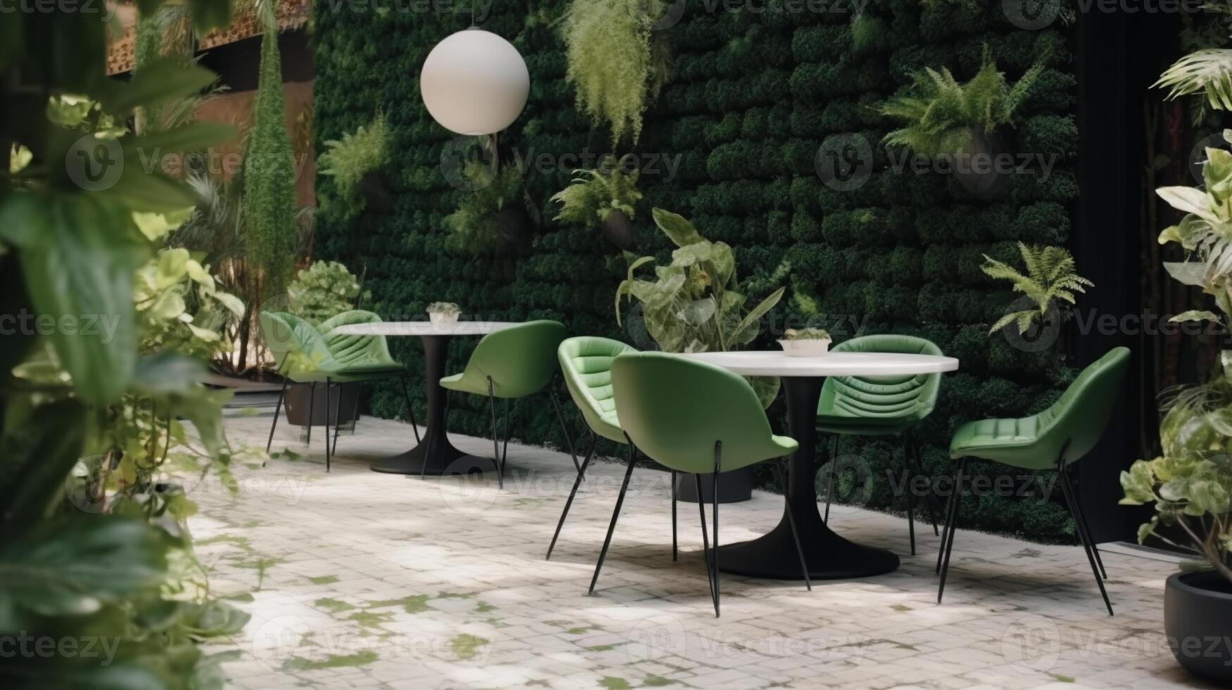 café jardin avec moderne vert tropical végétaux, rond verre café table avec parapluie. ai généré photo