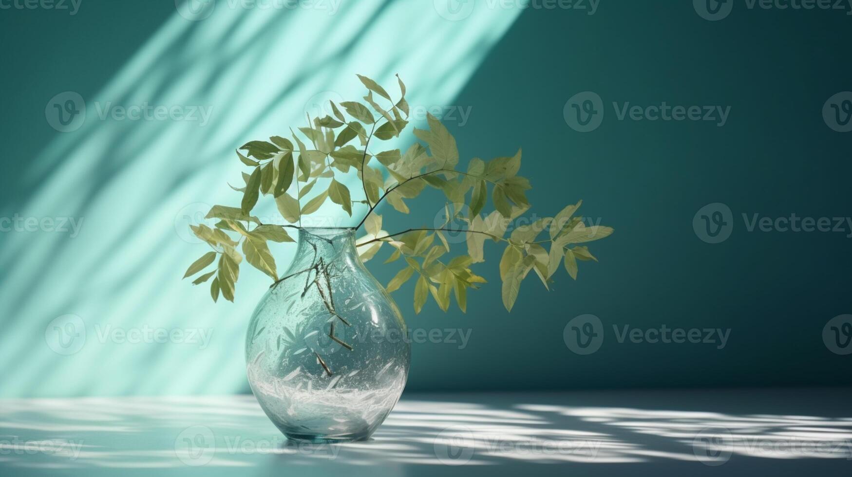 bouquet de arbre branches dans rond verre vase dans lumière du soleil en quittant ombres sur pastel turquoise mur. ai génératif photo