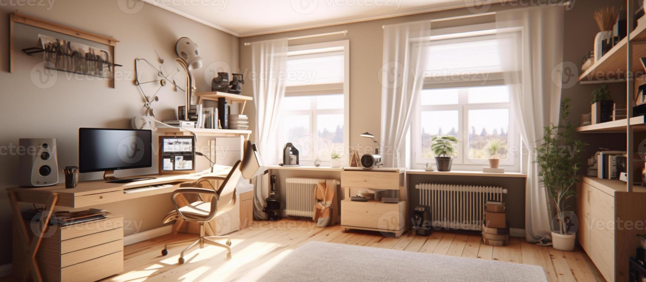 ensemble en haut une ordinateur bureau avec une cuir travail chaise dans le Soleil de une fenêtre avec rideaux. ai généré photo