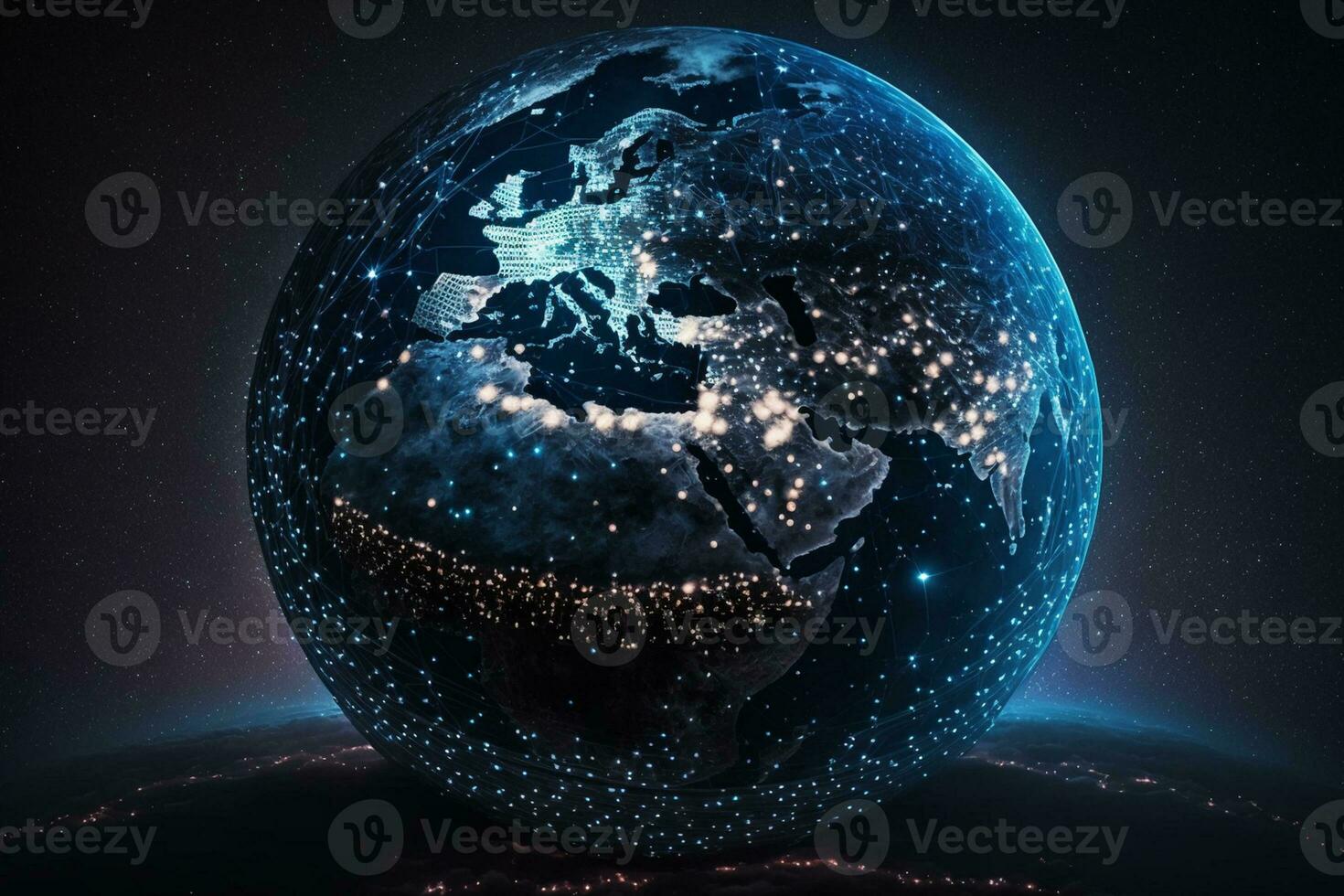 bleu globe visualisation de espace à nuit avec Connexions entre villes ai généré photo