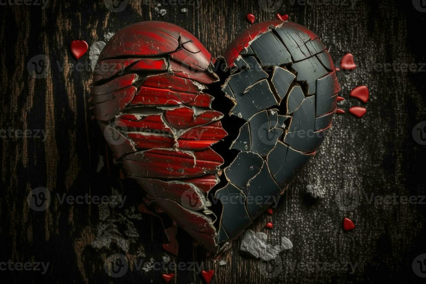 cassé rouge cœur sur noir en bois Contexte ai généré photo