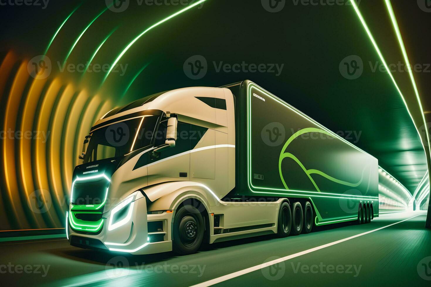 un camion bande annonce conduite à le néon tunnel. neural réseau généré art photo