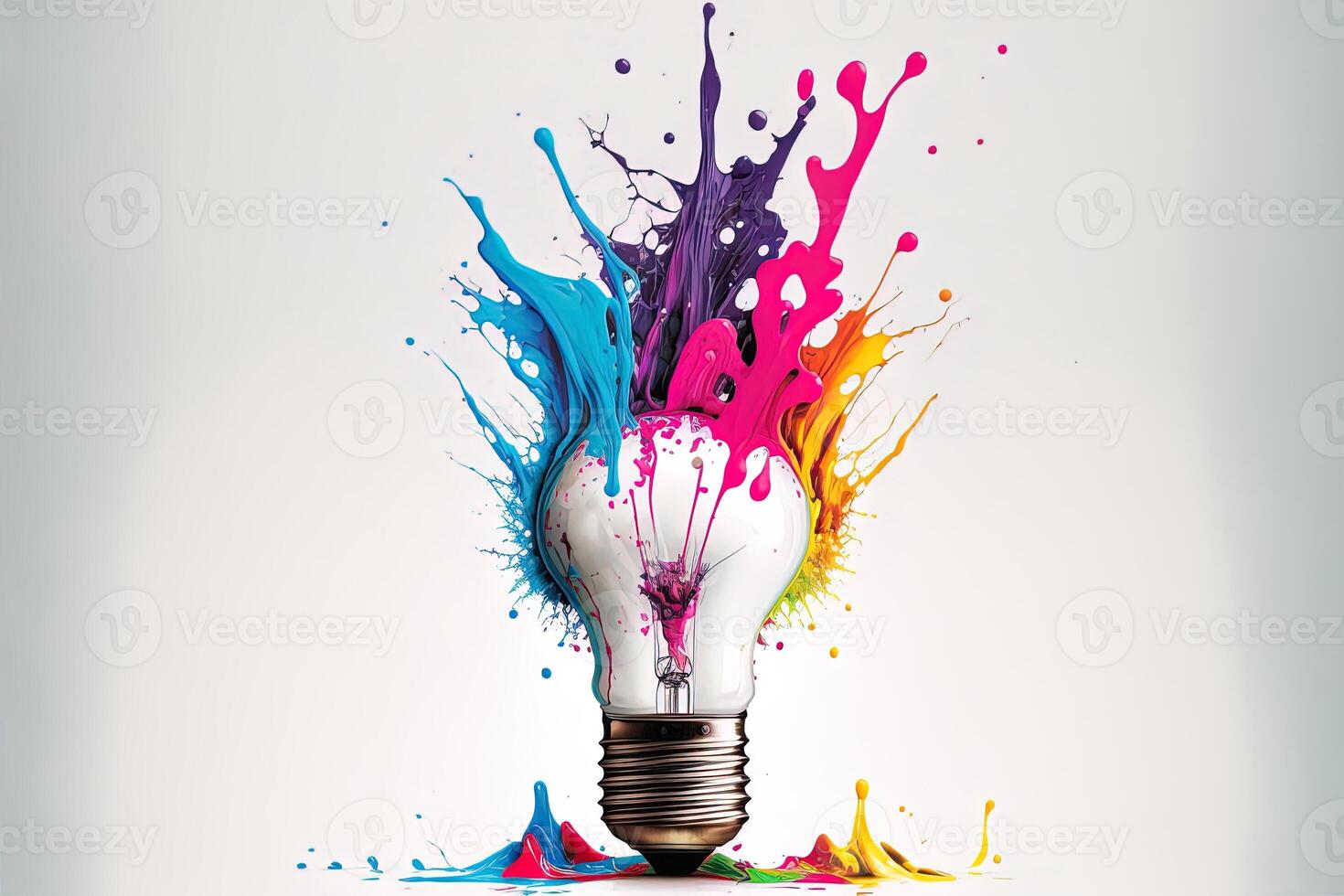 illustration de coloré ampoule avec éclaboussure de couleurs sur blanc Contexte. la créativité, eurêka, imagination, inspiration. génératif ai. idée et Solution concept photo