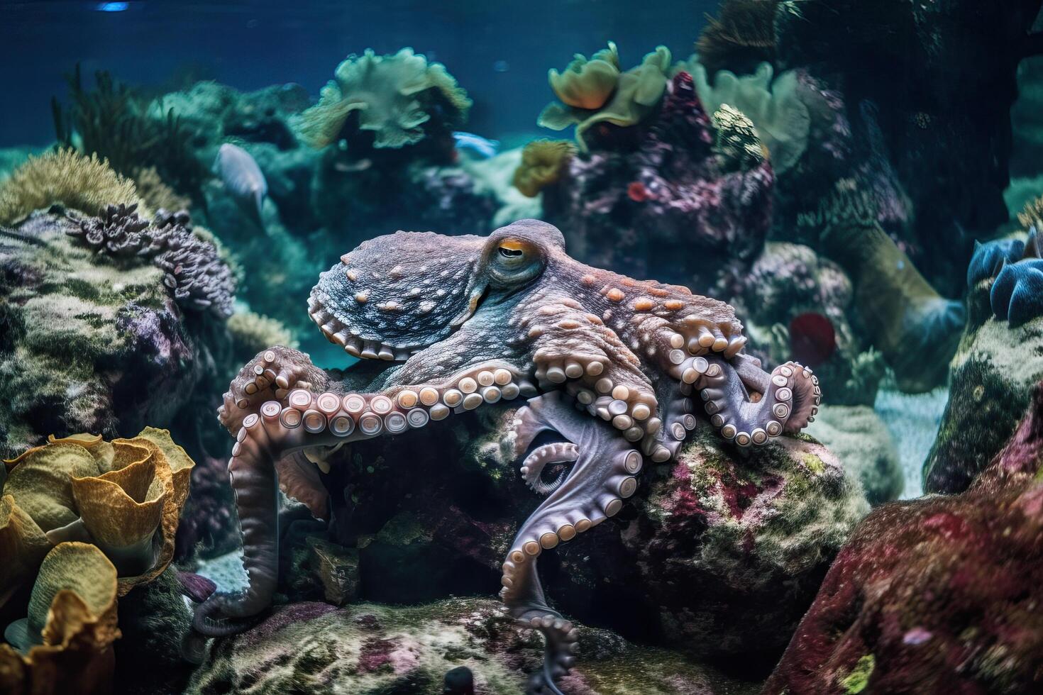 une grand poulpe à le bas de le mer entre corail récifs, génératif ai. photo