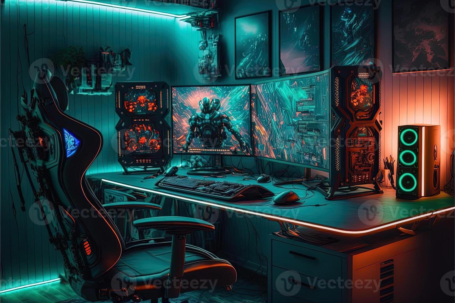 spectaculaire jeu pièce intérieur, jeu ordinateur personnel, jeu bureau, Jeu installer chambre, la télé, bureau pour cinq personnes, futuriste, LED lumières, cyberpunk couleur. génératif ai photo