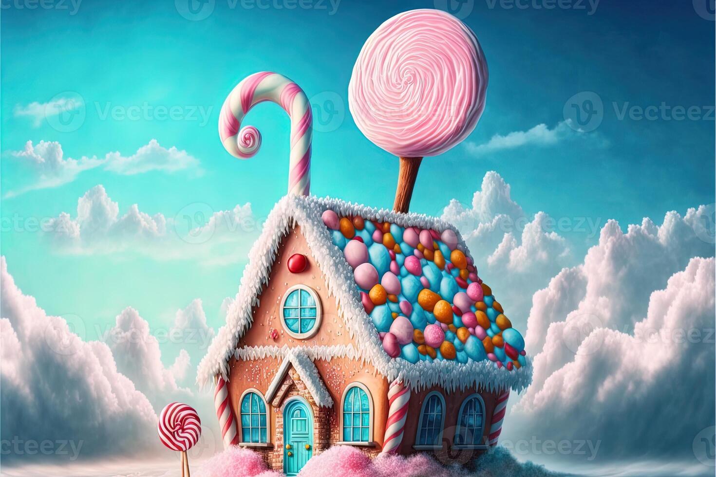 Noël décorations avec coloré pain d'épice rose maison et coloré bonbons sur blanc nuage. hiver vacances Nouveau année et Noël composition. incroyable Fée Noël maison. génératif ai photo