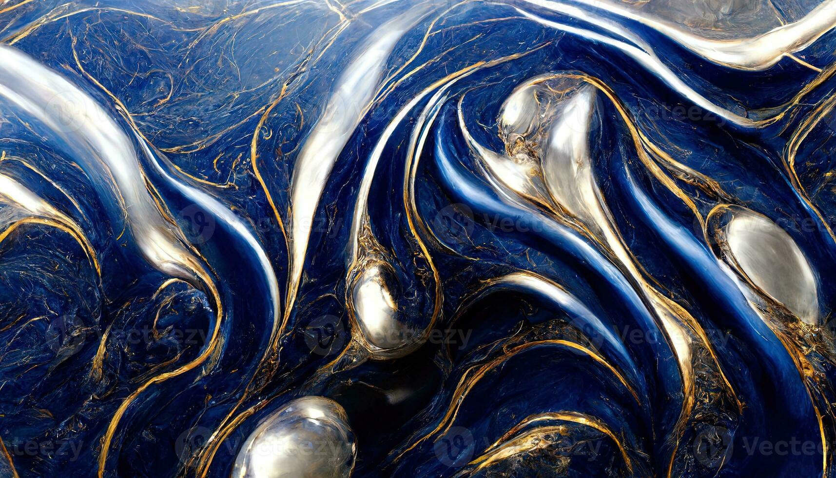 spectaculaire abstrait brillant bleu et métallique argent solide liquide vagues. tourbillonnant d'or et bleu pastel modèle, brillant argent couleur, marbre géométrique, ancien photo