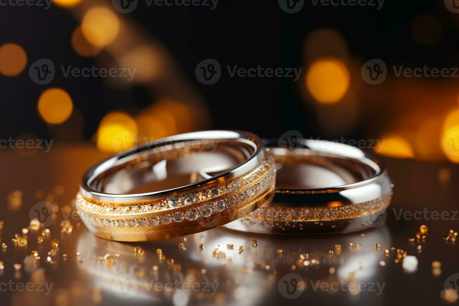 mariage anneaux avec argent et or sur bokeh Contexte dans le style de briller et diamant poussière. fermer photo avec copie espace pour texte