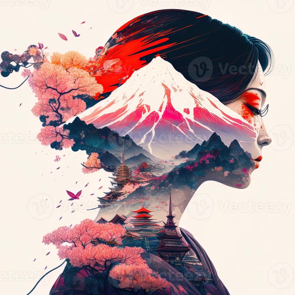 génératif ai double exposition de une magnifique geisha et monter Fuji avec pêche fleur et rivière. magnifique visage de asiatique femme sur blanc arrière-plan, image combiné avec nature, vert montagnes paysage photo