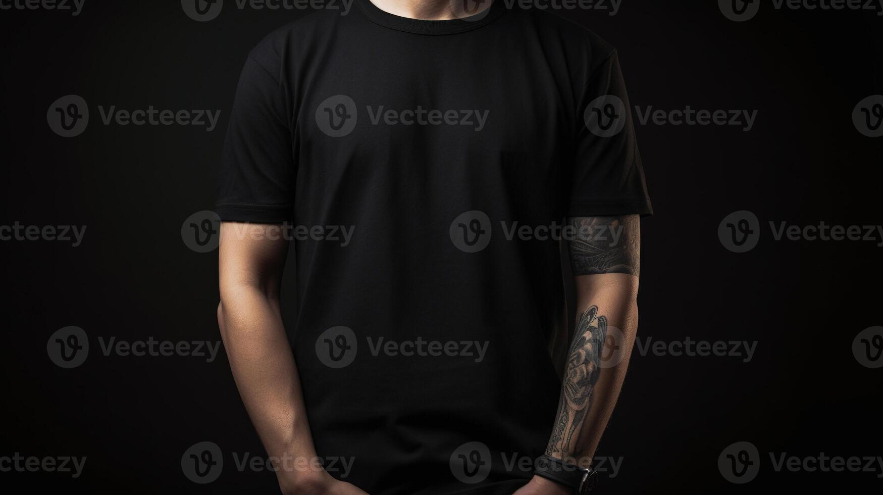 génératif ai, réaliste noir T-shirt moquer en haut Vide mettre sur Jeune homme, fond pour présentation publicité. Vide affaires concept photo