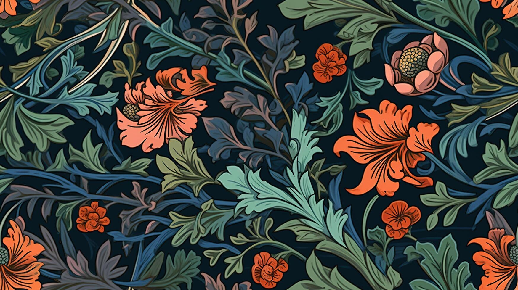 génératif ai, floral coloré modèle. William morris inspiré Naturel les plantes et fleurs arrière-plan, ancien illustration. feuillage ornement. photo