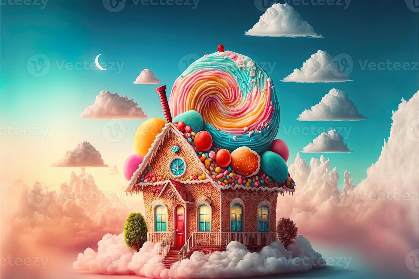 Noël décorations avec coloré pain d'épice rose maison et coloré bonbons sur blanc nuage. hiver vacances Nouveau année et Noël composition. incroyable Fée Noël maison. génératif ai photo