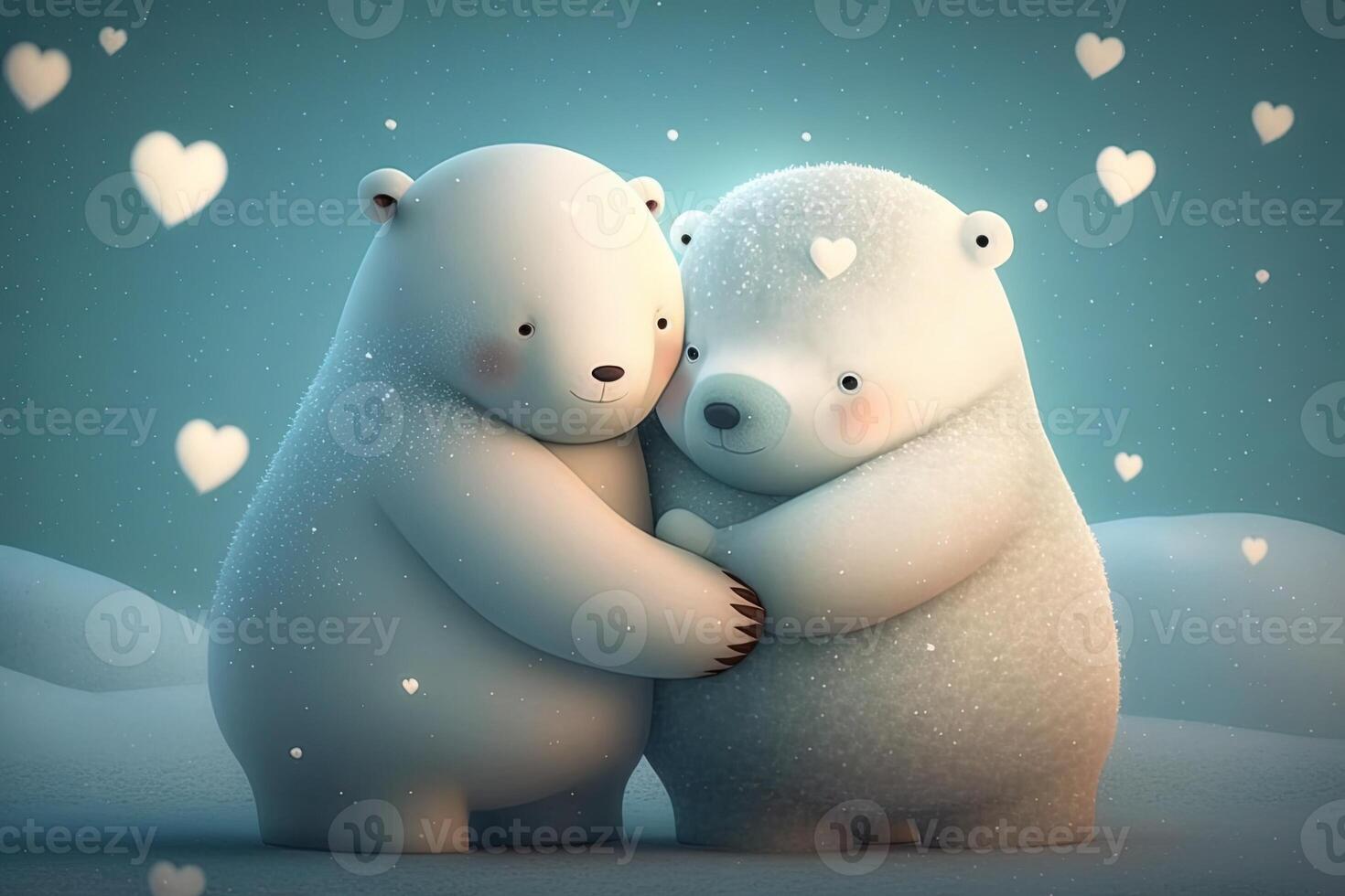 deux mignonne polaire étreinte ensemble dans blanc neige Contexte. mère et bébé polaire ours câlins comme famille dans neige dans l'hiver. génératif ai photo