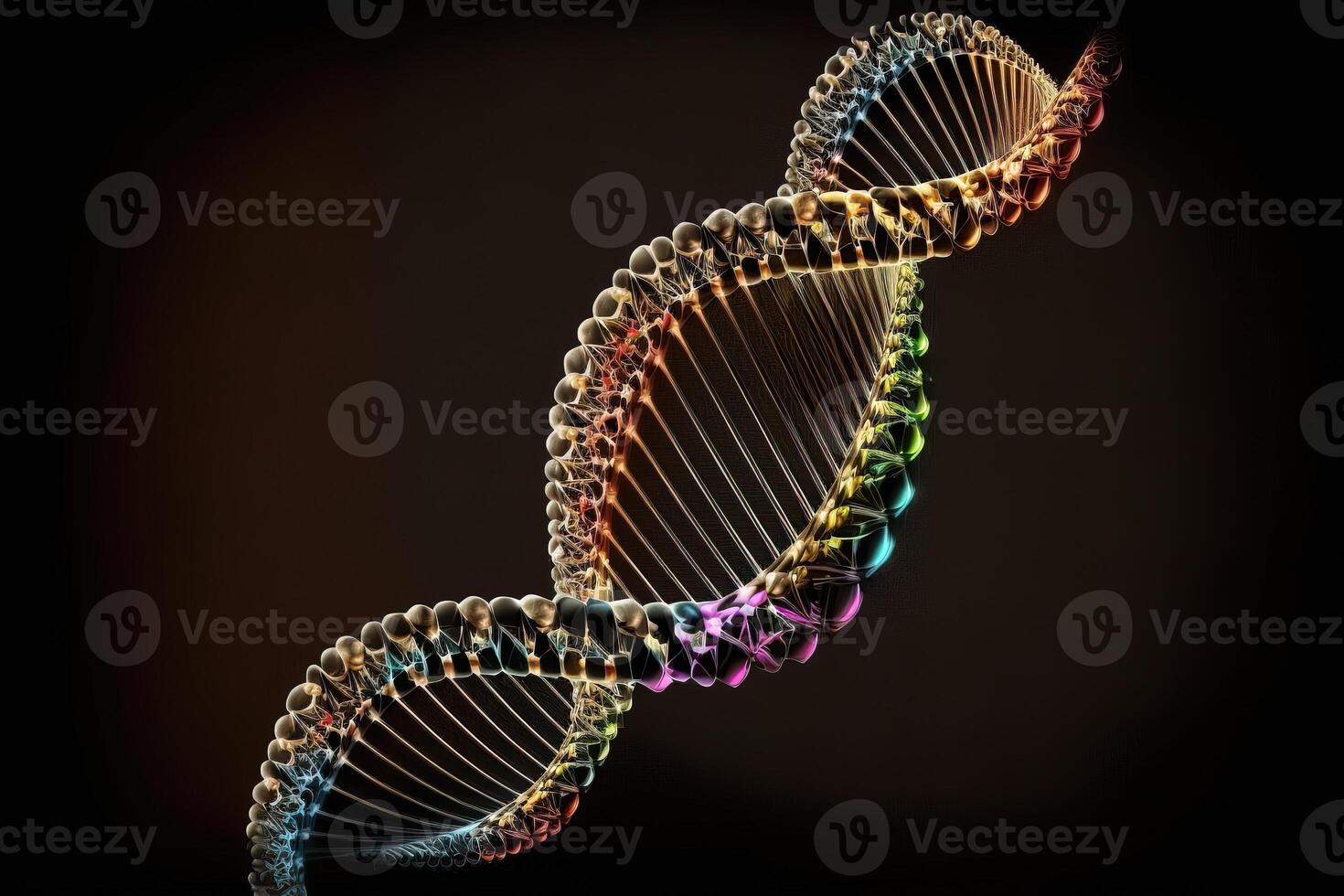 ADN hélix sur noir Contexte. génératif ai. double brin de Jaune et bleu coloré brins de une Humain. photo