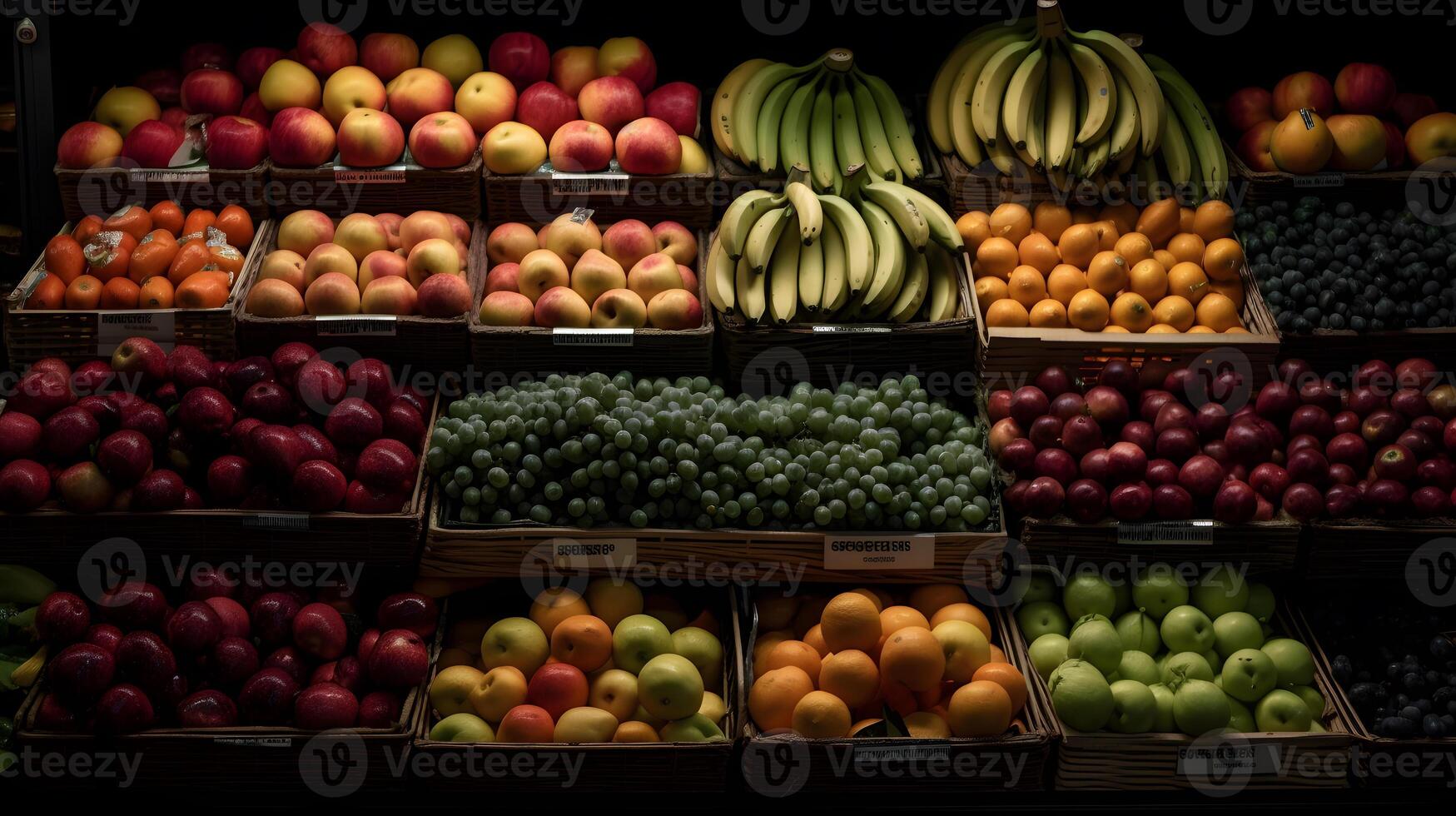 une collection de des fruits sur une supermarché étagère ,frais fruit des produits dans le centre commercial ,génératif ai photo