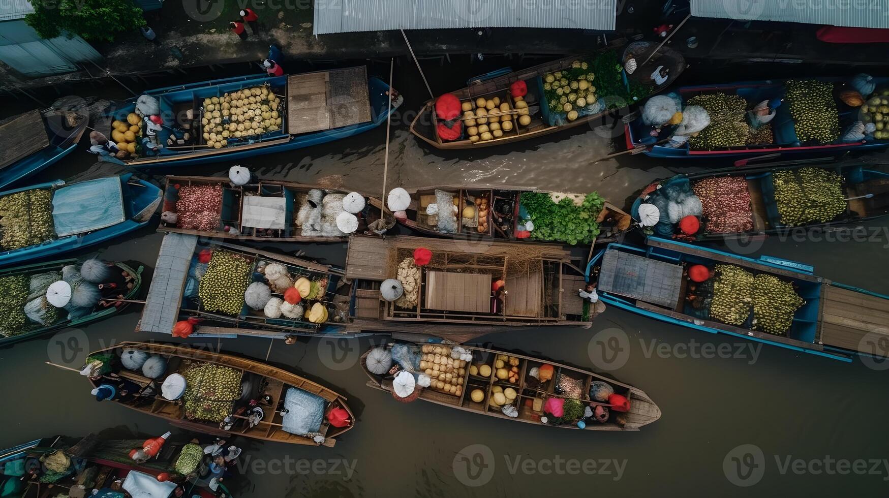 flottant traditionnel marché, traditionnel flottant bateau marché, vue de drone, génératif ai photo