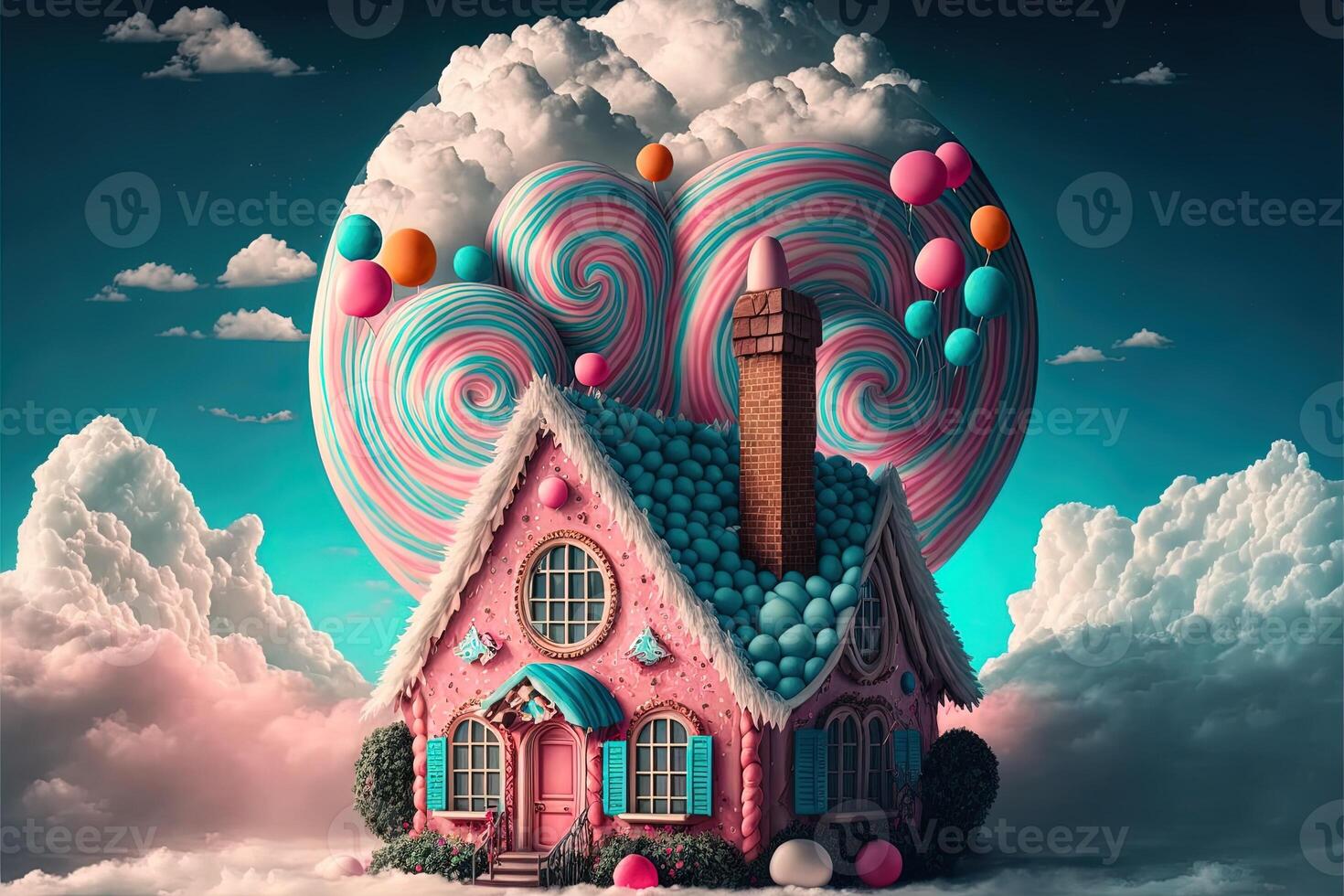 Noël décorations avec coloré pain d'épice rose maison et coloré bonbons sur blanc nuage. hiver vacances Nouveau année et Noël composition. incroyable Fée Noël maison. génératif ai photo