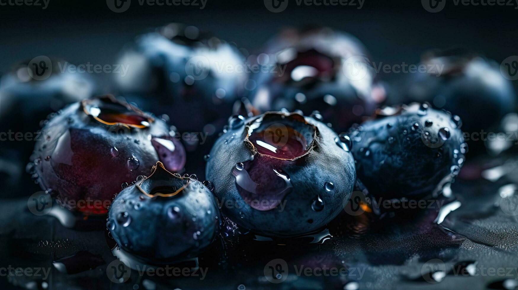myrtille des fruits frappé par éclaboussures de l'eau avec noir Contexte et brouiller photo