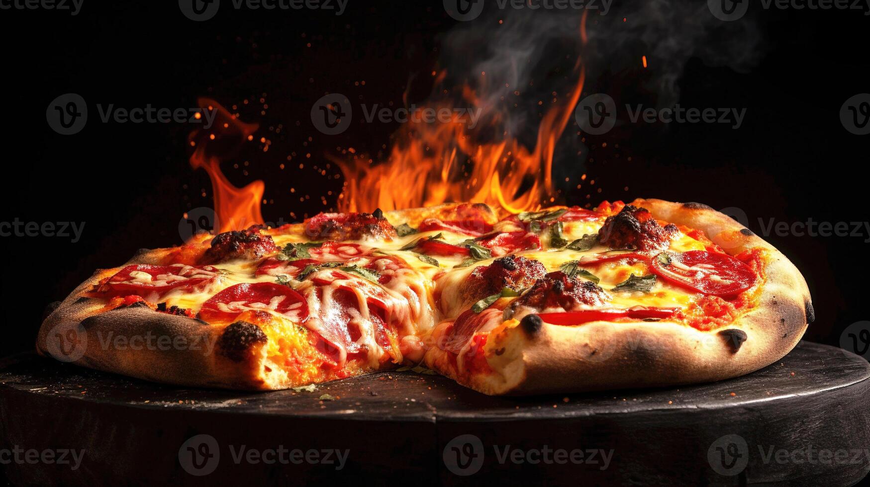 bois mis à la porte Pizza avec salami, poivre et fromage sur une en bois planche avec fumée et flammes. noir toile de fond. génératif ai photo