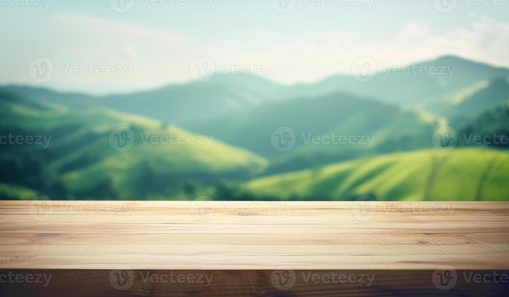 vide en bois dessus de la table avec vert collines Contexte pour La publicité et présentation. sélectif concentrer sur dessus de la table. génératif ai illustration photo