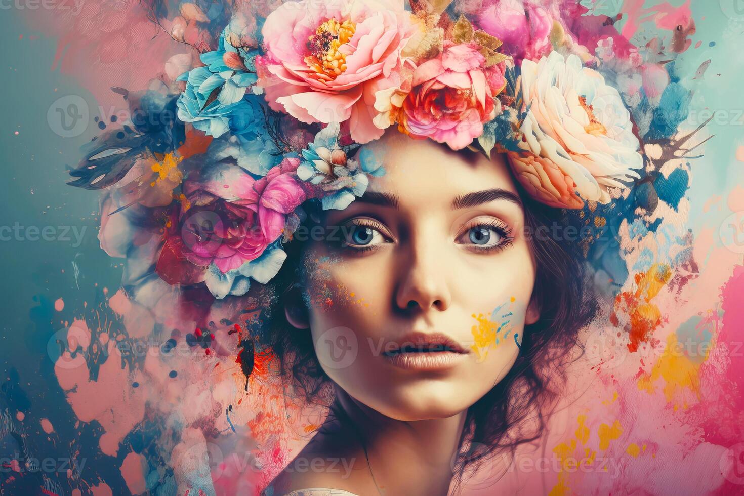 magnifique femme dans fleurs. mental santé, aux femmes journée ou de la mère journée concept. génératif ai illustration photo