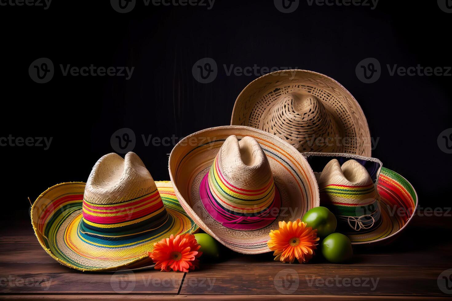 cinco de mayo vacances Contexte. mexicain fête sombrero chapeau et fleurs sur une en bois Contexte. génératif ai illustration photo