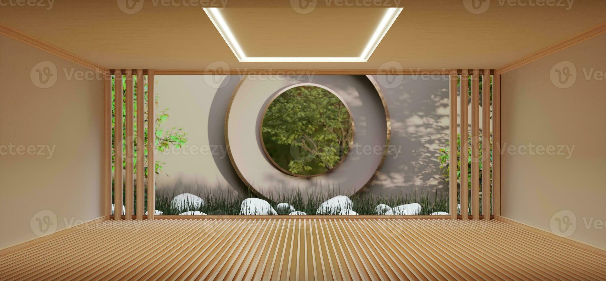 Japonais pièce ouvert air et Zen jardin sol et mur fabriqué de bois Japonais jardin décoration et le Soleil jeter ombres 3d illustration photo