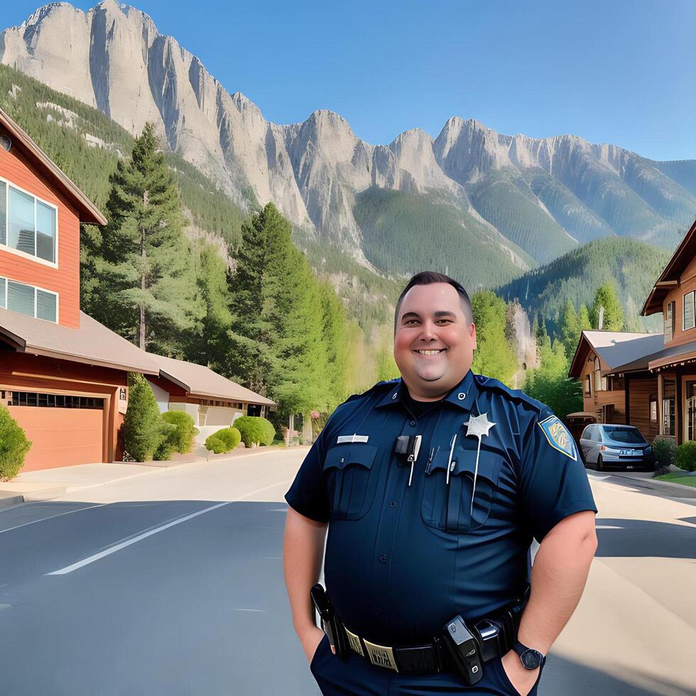 souriant obèse police officier sur une montagneux Contexte ai généré photo