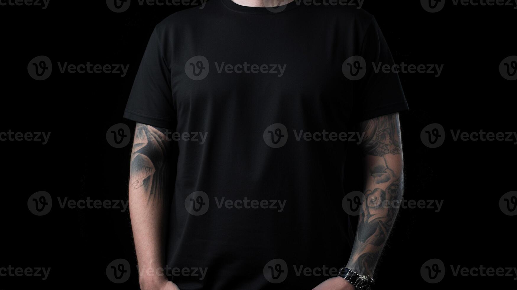 génératif ai, réaliste noir T-shirt moquer en haut Vide mettre sur Jeune homme, fond pour présentation publicité. Vide affaires concept photo