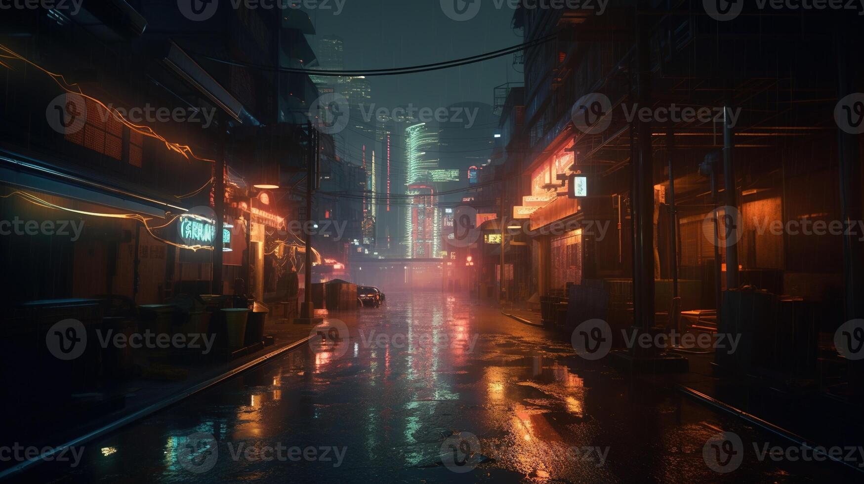 génératif ai, nuit scène de après pluie ville dans cyberpunk style, futuriste nostalgique années 80, années 90. néon lumières vibrant couleurs, photoréaliste horizontal illustration. photo
