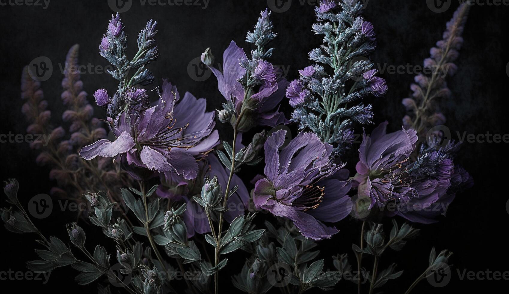 génératif ai, proche en haut de épanouissement parterres de fleurs de incroyable lavande violet fleurs sur foncé de mauvaise humeur floral texturé Contexte. photoréaliste effet. photo